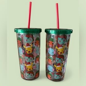 Pokemon Holiday Tumbler Duo with Green Lids and Red Straws